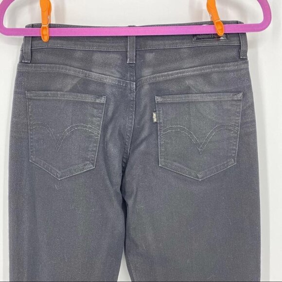 Levi’s black shiny waxy mid rise bootcut skinny. Stretch glam punk. Sz 27 - Picture 6 of 9